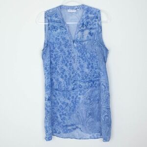 Susan Graver Womens Paisley Sleeveless Tunic Blouse Size‎ 14 Blue Sheer Coastal
